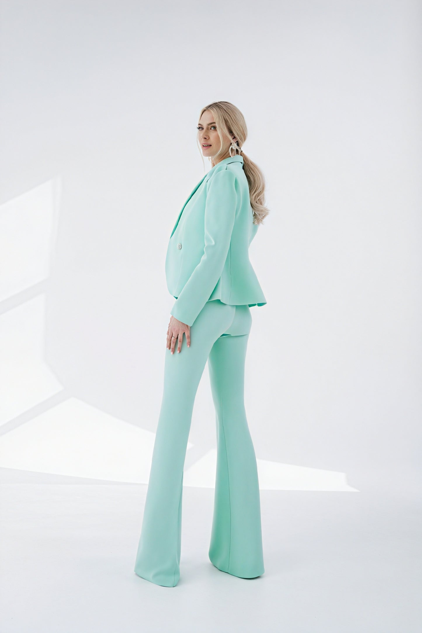 Women's Mint Green Suit Set – Structured Blazer, Flared Trousers-83132-5e36c4c1-74f1-44b4-9199-c6d1c824c5e3