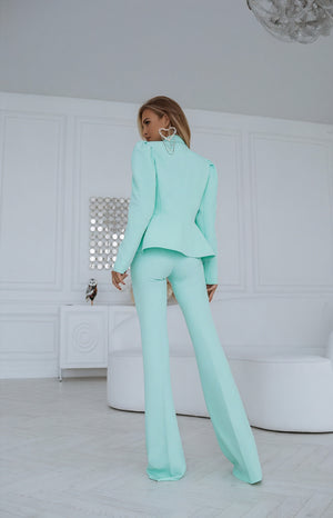 Women's Mint Green Suit Set – Structured Blazer, Flared Trousers-83132-a30a7cf9-c232-4265-99ca-70253bbfa853