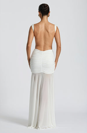 Women's White Chiffon Gown – Boat Neck, Gathered Waist, Sheer Overlay-83139-39fd54a4-6773-42eb-bba4-cb8ede1e15f7