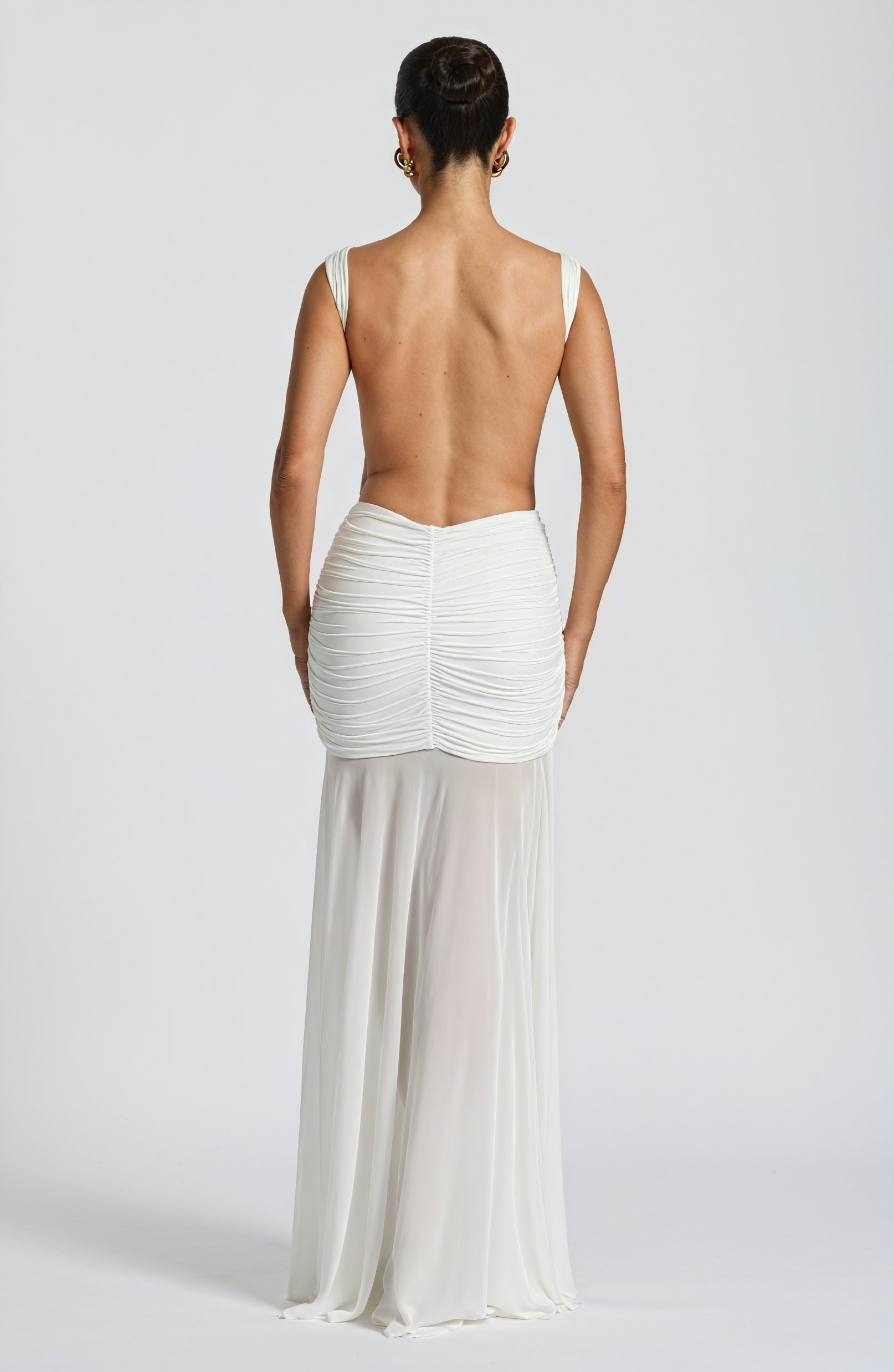 Women's White Chiffon Gown – Boat Neck, Gathered Waist, Sheer Overlay-83139-39fd54a4-6773-42eb-bba4-cb8ede1e15f7