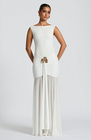 Women's White Chiffon Gown – Boat Neck, Gathered Waist, Sheer Overlay-83139-92d4a0b7-1b3a-41c3-a4a6-bcf238c6ec51