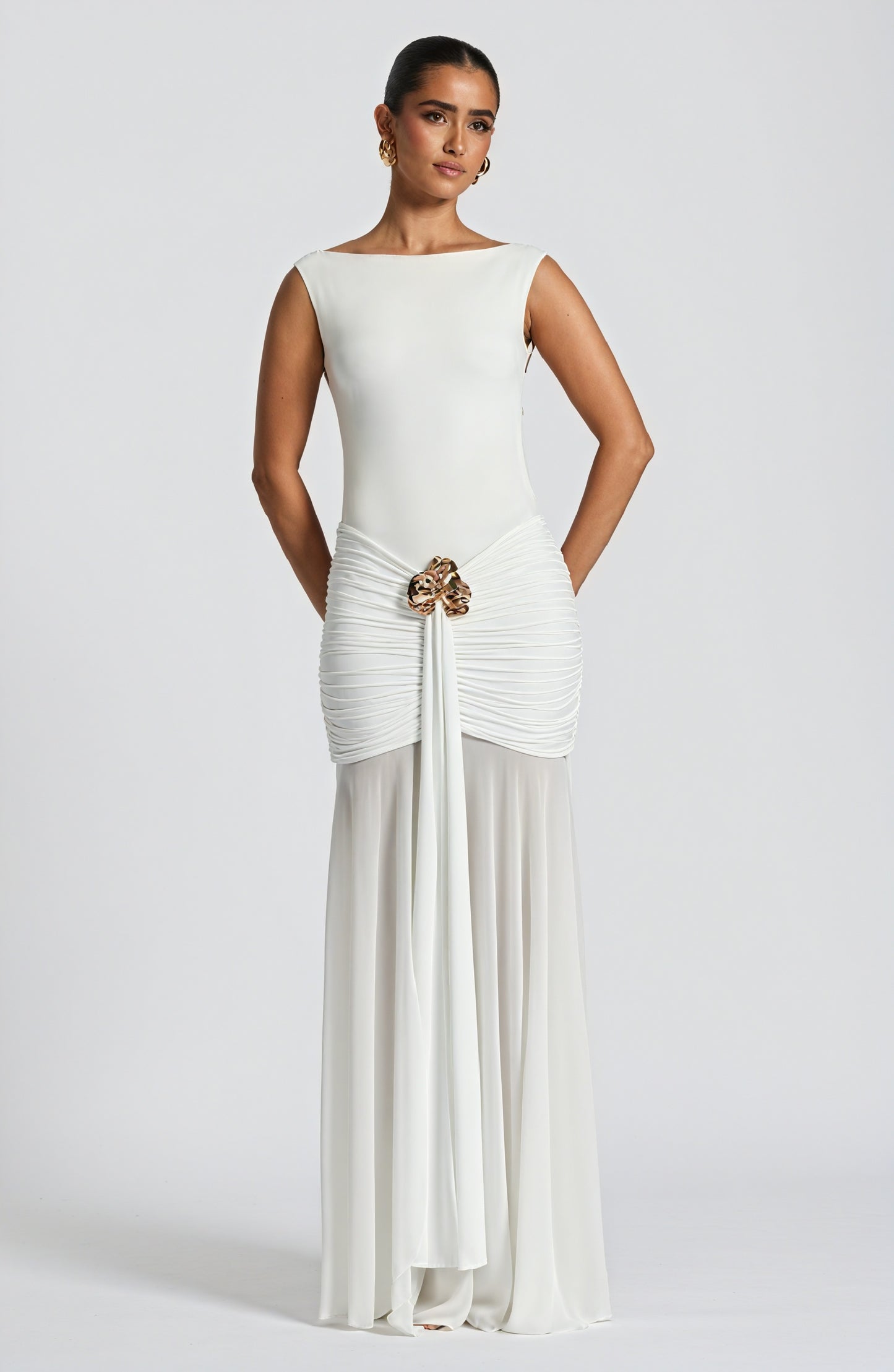Women's White Chiffon Gown – Boat Neck, Gathered Waist, Sheer Overlay-83139-92d4a0b7-1b3a-41c3-a4a6-bcf238c6ec51
