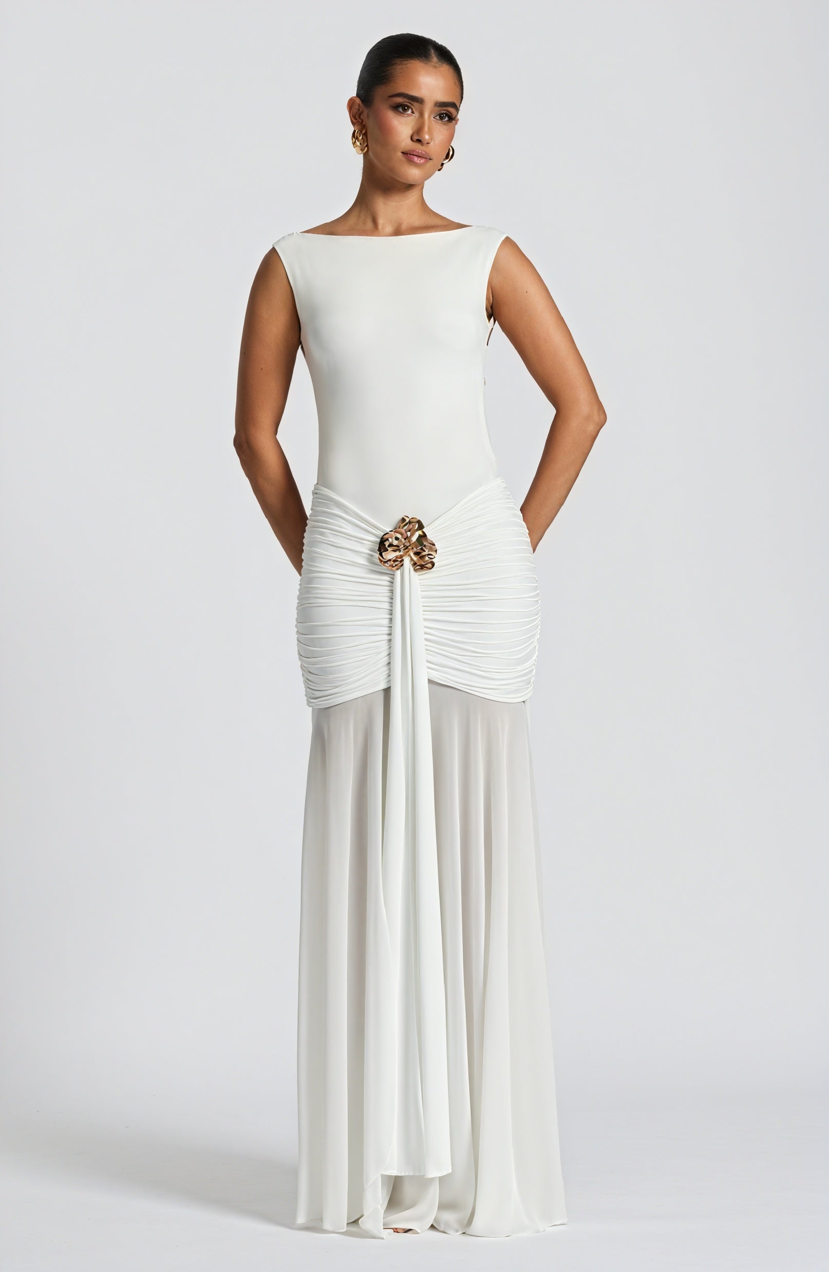 Women's White Chiffon Gown – Boat Neck, Gathered Waist, Sheer Overlay-83139-92d4a0b7-1b3a-41c3-a4a6-bcf238c6ec51