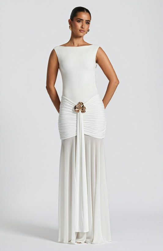 Women's White Chiffon Gown – Boat Neck, Gathered Waist, Sheer Overlay-83139-92d4a0b7-1b3a-41c3-a4a6-bcf238c6ec51