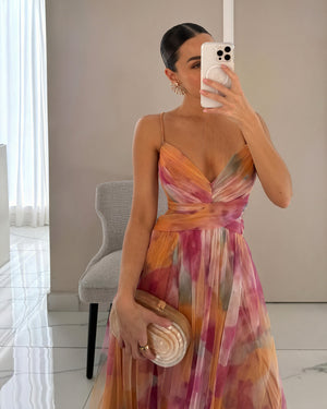 Women's Maxi Dress – Watercolor Floral Print, V-Neck Chiffon Flowing-83162-7aa76f99-0a3f-485c-8f7a-cdbf45cd2325