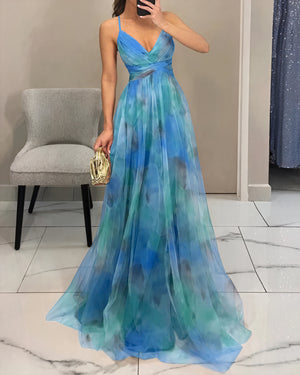 Women's Maxi Dress – Watercolor Floral Print, V-Neck Chiffon Flowing-83162-dd885090-c8d2-4e1b-a086-37a932bd7cbf