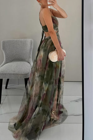Women's Maxi Dress – Watercolor Floral Print, V-Neck Chiffon Flowing-83162-30e15769-4965-43ce-b28b-5d139bd5c4cb