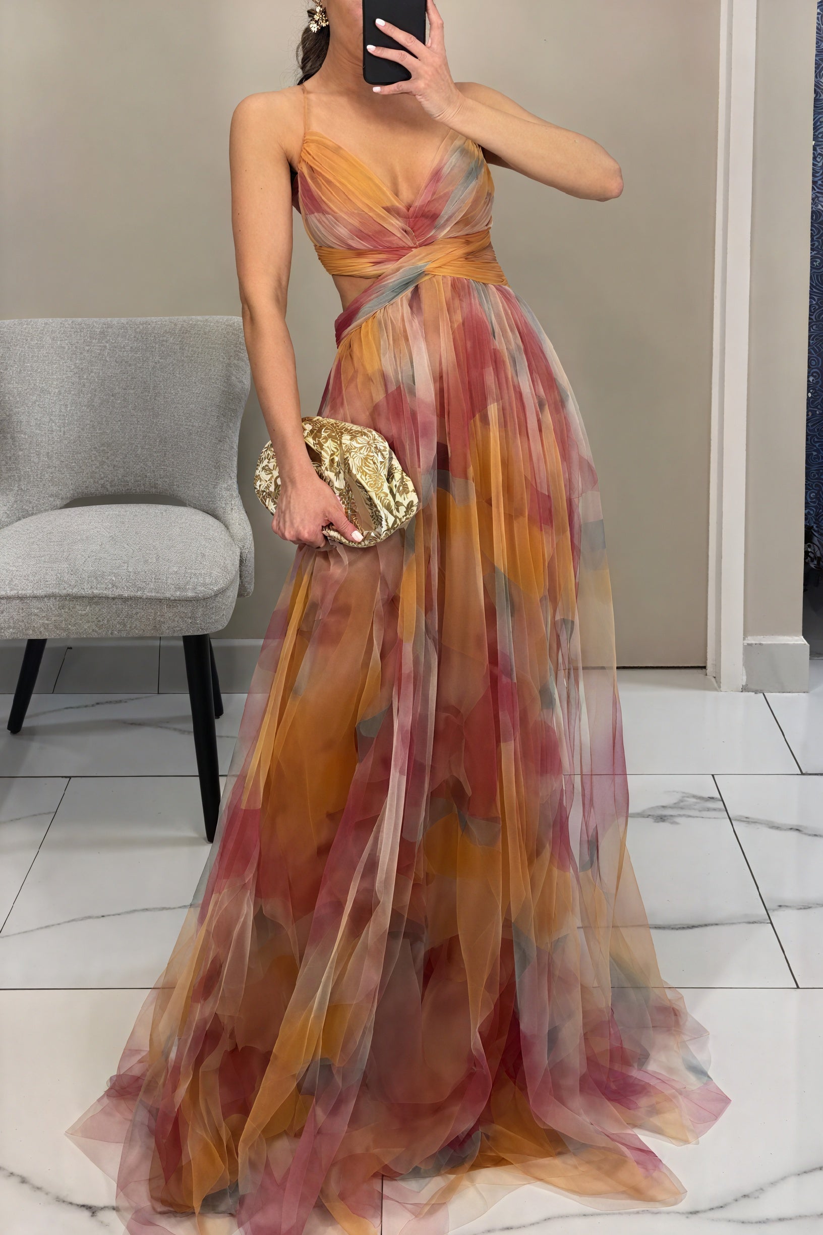Women's Maxi Dress – Watercolor Floral Print, V-Neck Chiffon Flowing-83162-12179d2d-cfc6-4967-b14f-18404abbb6af