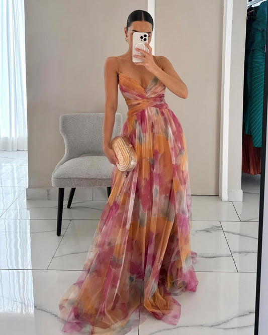 Women's Maxi Dress – Watercolor Floral Print, V-Neck Chiffon Flowing-83162-af0f3ddb-a241-4615-a272-0378ac4f1617