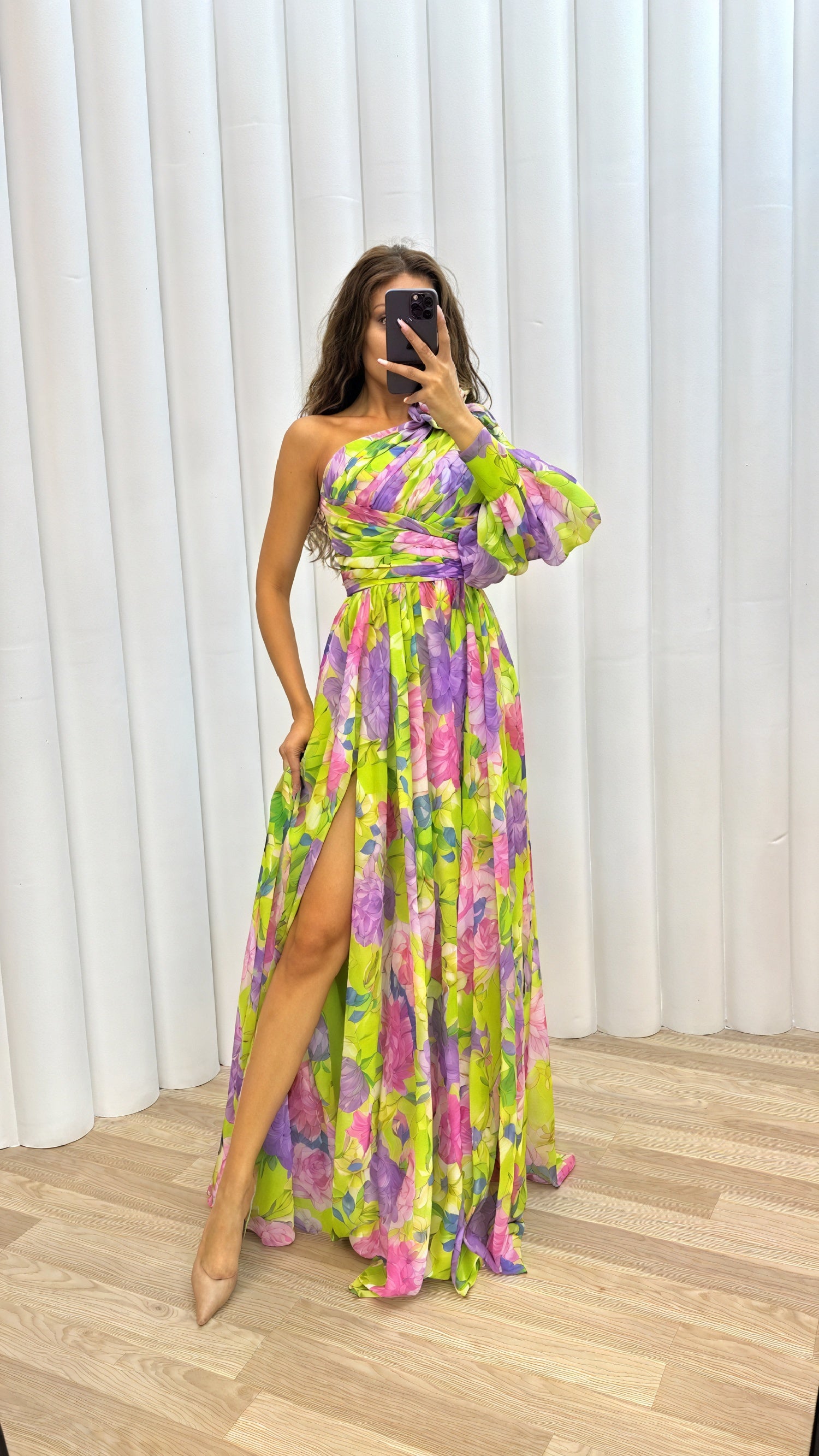 Women's Floral One-Shoulder Maxi Dress – Green Pink, Voluminous Sleeve, High Slit, Polyester-83163-749120db-2050-45cf-b144-10596ffd384e