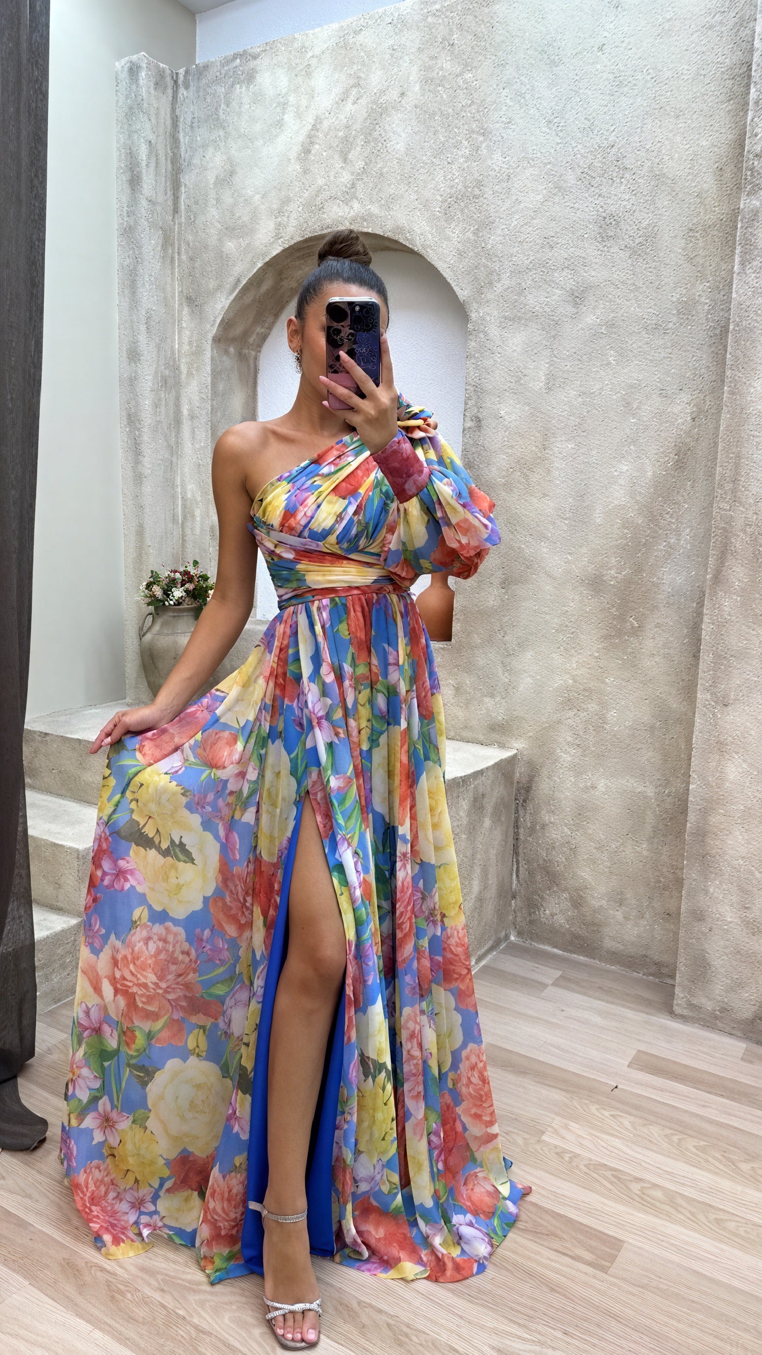 Women's Floral One-Shoulder Maxi Dress – Green Pink, Voluminous Sleeve, High Slit, Polyester-83163-37d5b9a2-6f95-4fdb-9a0a-97e0ace68f1e