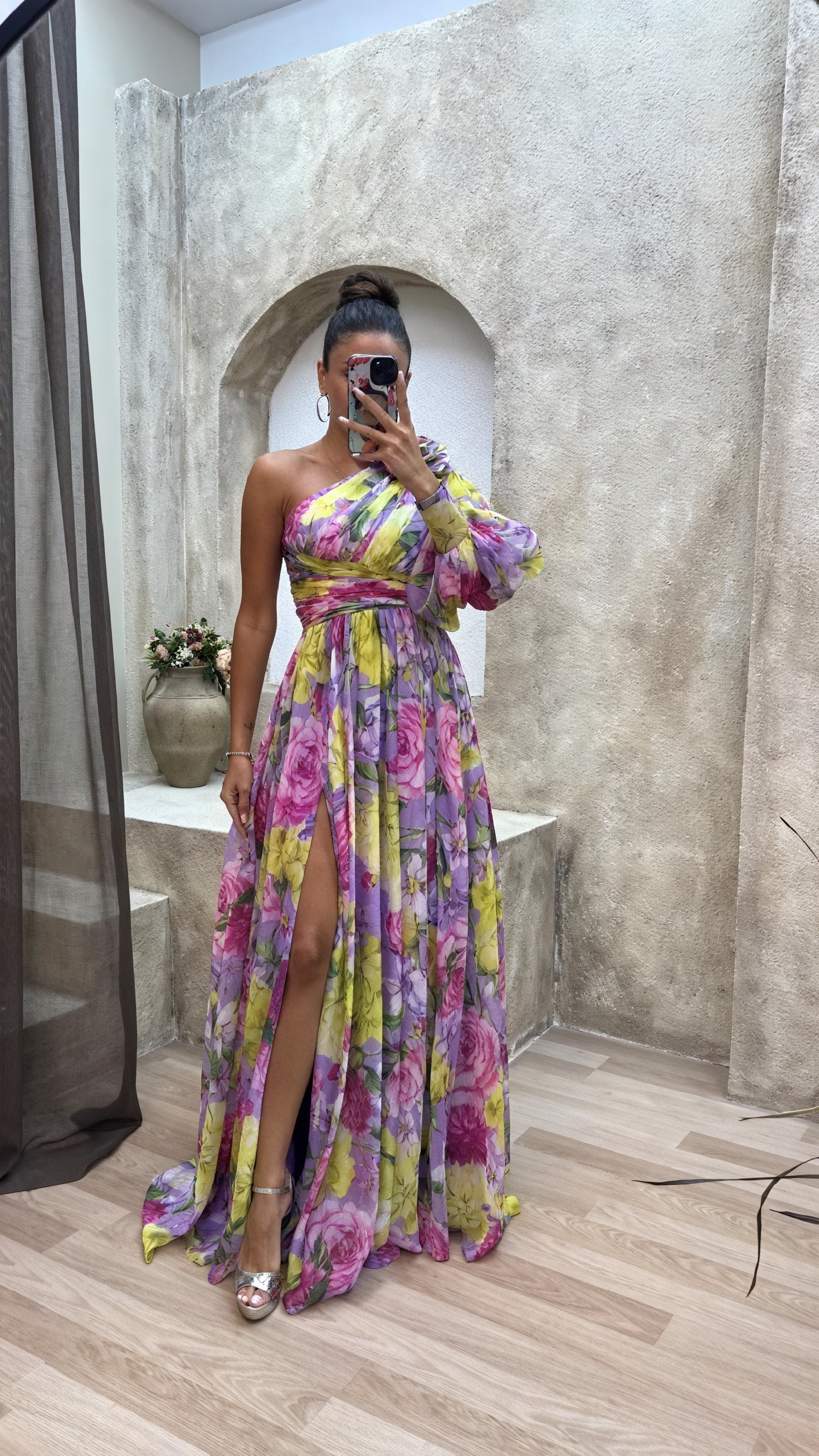 Women's Floral One-Shoulder Maxi Dress – Green Pink, Voluminous Sleeve, High Slit, Polyester-83163-5c5f8f1a-47a4-4984-8f18-586964c14e45