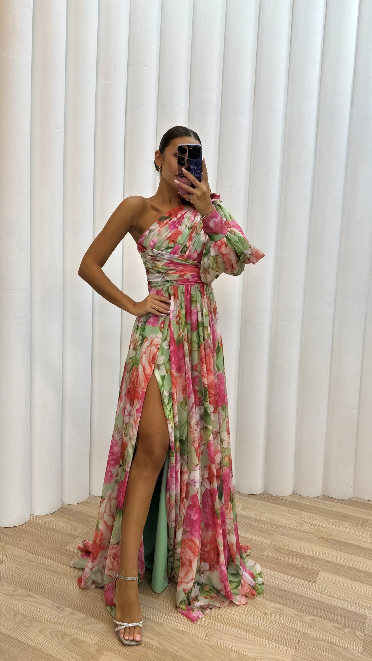 Women's Floral One-Shoulder Maxi Dress – Green Pink, Voluminous Sleeve, High Slit, Polyester-83163-4b77f7ad-a4c7-45ab-a388-968ac534e4b3