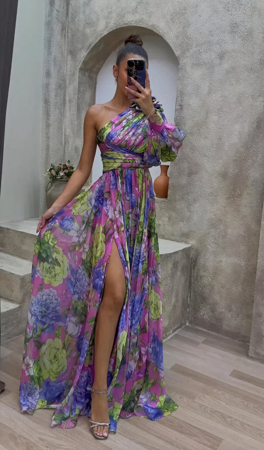 Women's Floral One-Shoulder Maxi Dress – Green Pink, Voluminous Sleeve, High Slit, Polyester-83163-c2c7365b-9e63-4fb5-80ad-92c58cb9c921