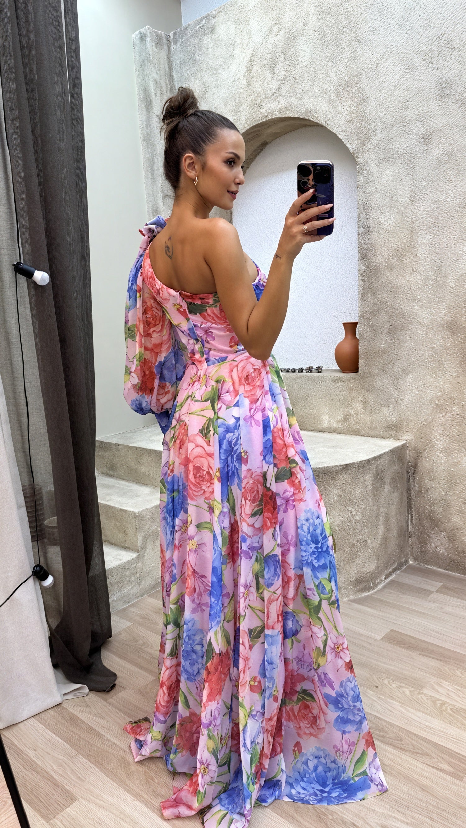 Women's Floral One-Shoulder Maxi Dress – Green Pink, Voluminous Sleeve, High Slit, Polyester-83163-2419ad4b-1ab2-49de-bbdb-7343785bd97f