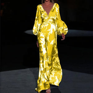 Women's Green Floral Maxi Dress – Silk V-Neck, Balloon Sleeves, Floor Length-83168-b25ff035-ea85-459a-977d-8fa243025de2