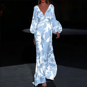 Women's Green Floral Maxi Dress – Silk V-Neck, Balloon Sleeves, Floor Length-83168-271be96b-85ca-4256-8789-ba44526c83d5