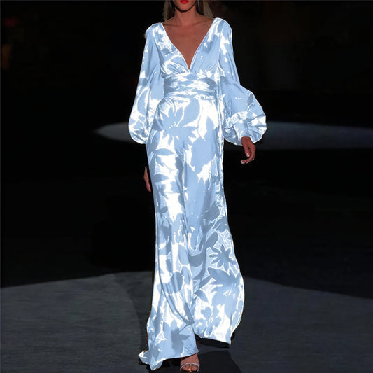 Women's Green Floral Maxi Dress – Silk V-Neck, Balloon Sleeves, Floor Length-83168-271be96b-85ca-4256-8789-ba44526c83d5