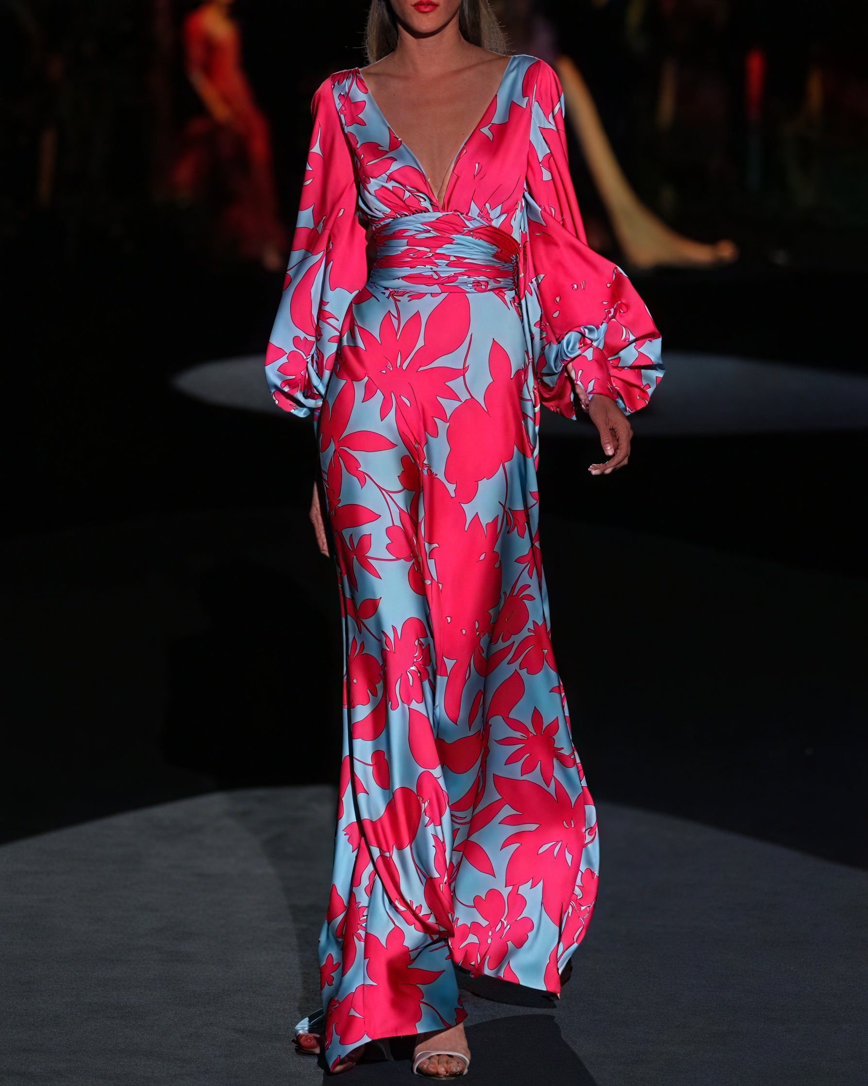Women's Green Floral Maxi Dress – Silk V-Neck, Balloon Sleeves, Floor Length-83168-89bcb777-f265-4bd7-9ee9-1b497d6c03a6