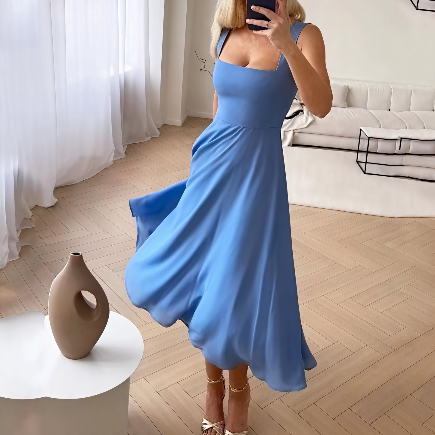 Women's Black White Blue Midi Dress – Square Neck, A-Line, Sleeveless, Silk Blend, Elegant-83171-4a22da73-262c-4c51-b145-9e1ca956f400
