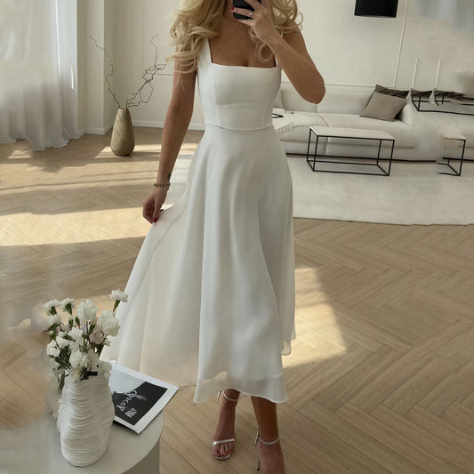 Women's Black White Blue Midi Dress – Square Neck, A-Line, Sleeveless, Silk Blend, Elegant-83171-4597e597-e7d5-4fc4-9e01-8e52d74457f3