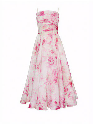 Women's Floral Midi A-Line Dress – Spaghetti Strap, Silk Blend, Elegant-83172-74b51e22-83ca-41ae-90c7-de585f2f586b