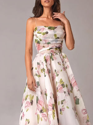 Women's Floral Midi A-Line Dress – Spaghetti Strap, Silk Blend, Elegant-83172-3cf5ad2b-85ab-490f-aab6-de387d0099ee