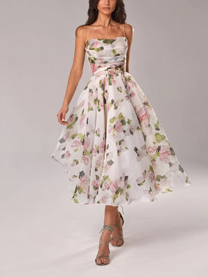 Women's Floral Midi A-Line Dress – Spaghetti Strap, Silk Blend, Elegant-83172-e858f1b5-95fc-4994-9e78-b32d59a44b25