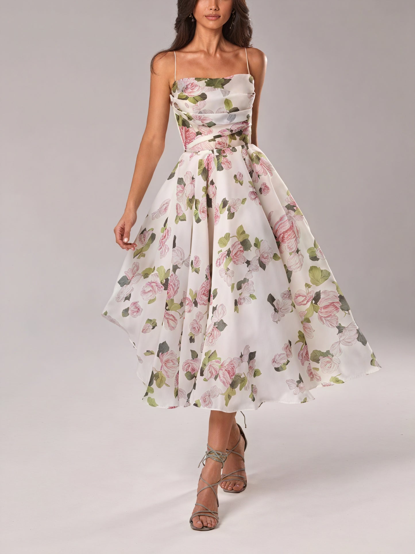 Women's Floral Midi A-Line Dress – Spaghetti Strap, Silk Blend, Elegant-83172-e858f1b5-95fc-4994-9e78-b32d59a44b25