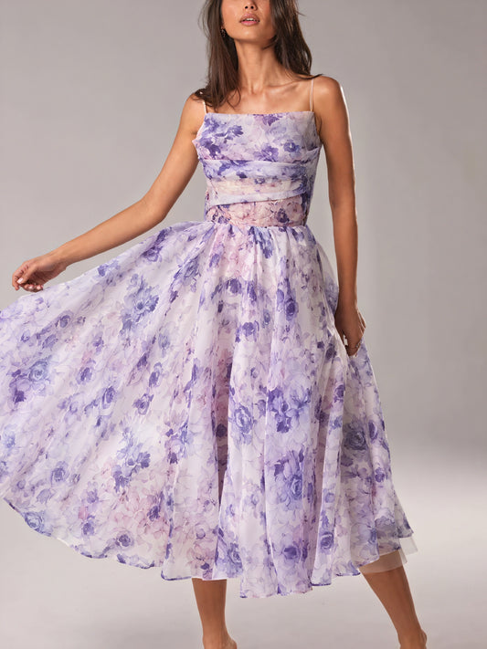 Women's Floral Midi A-Line Dress – Spaghetti Strap, Silk Blend, Elegant-83172-16521eaa-e884-496b-90f7-6f66344c4f3c
