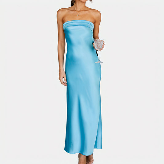 Women's Strapless Maxi Dress – Satin Fabric, Floor-Length, Elegant-83174-25883611-7921-4ae7-b333-260b1feb4d9d