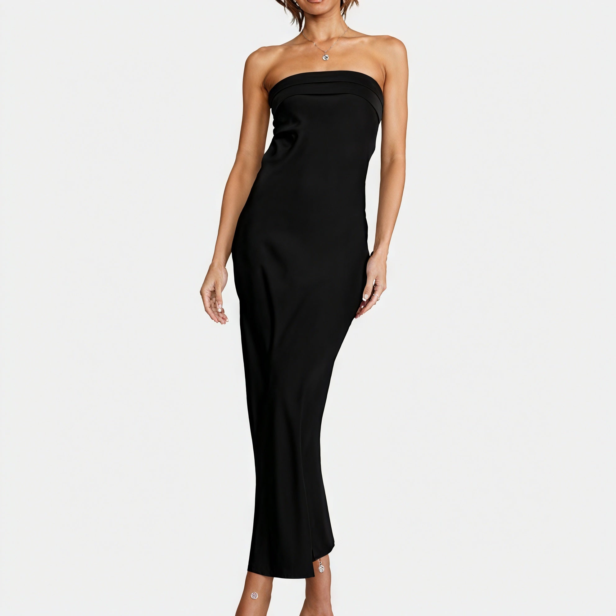 Women's Strapless Maxi Dress – Satin Fabric, Floor-Length, Elegant-83174-2015548e-d03c-4f99-936d-fd605d84a700