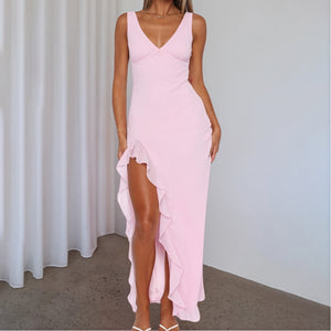 Women's Maxi Dress V-Neck High Slit Ruffle Sleeveless Silk Blend Yellow Pink Orange-83177-6f4ceff7-10a5-4dd7-8ec0-3681f032fc12