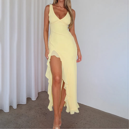 Women's Maxi Dress V-Neck High Slit Ruffle Sleeveless Silk Blend Yellow Pink Orange-83177-6dcacfb5-8eec-4ac9-865c-35e7e19c80a5