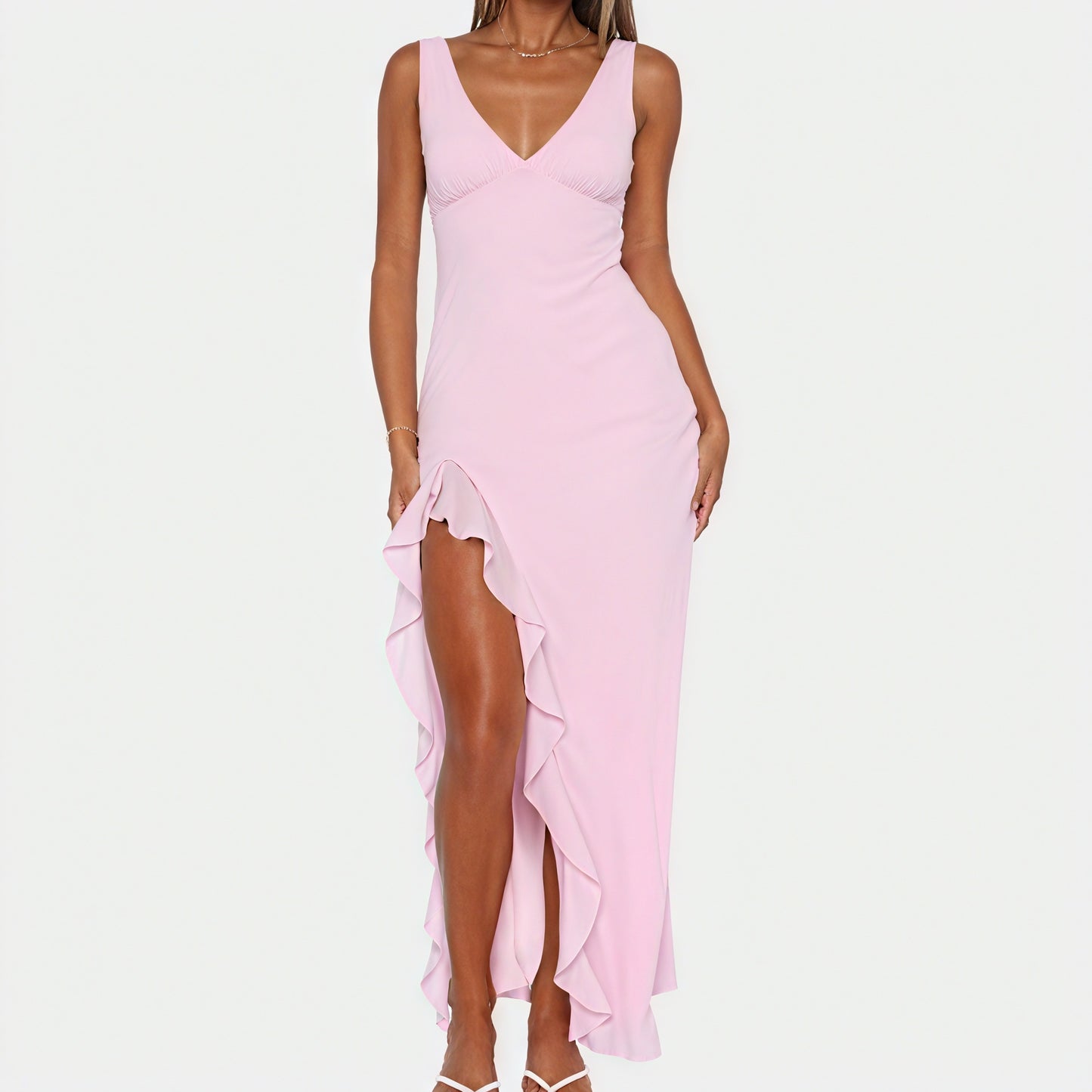 Women's Maxi Dress V-Neck High Slit Ruffle Sleeveless Silk Blend Yellow Pink Orange-83177-02588445-b69b-4595-aed0-9713941877dc