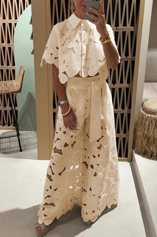 Women's Laser-Cut Floral Two-Piece Suit – Wide-Leg Pants, Collared Top, Beige/Cream/Blue, Basicfold-83178-20a7b25b-89de-438f-8783-532e0c9ee951