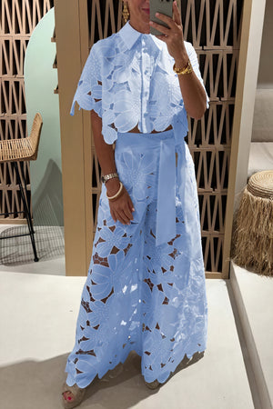 Women's Laser-Cut Floral Two-Piece Suit – Wide-Leg Pants, Collared Top, Beige/Cream/Blue, Basicfold-83178-8a55dc6c-15f7-4192-a859-36d136b6a7b2