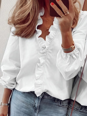 Women's Ruffled V-Neck Blouse – Balloon Sleeves, Lightweight Fabric-83185-f5d39fbc-91ab-46bb-91e9-f03eaef1bda6