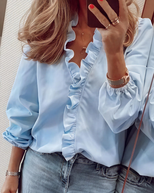 Women's Ruffled V-Neck Blouse – Balloon Sleeves, Lightweight Fabric-83185-c5619328-59ed-42d6-8c9b-29b1a49bf334
