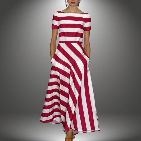 Women's Striped A-Line Midi Dress – Boat Neck, Pockets, Smooth Fabric-83186-d4544110-07c9-4fd3-b6a0-638682162510