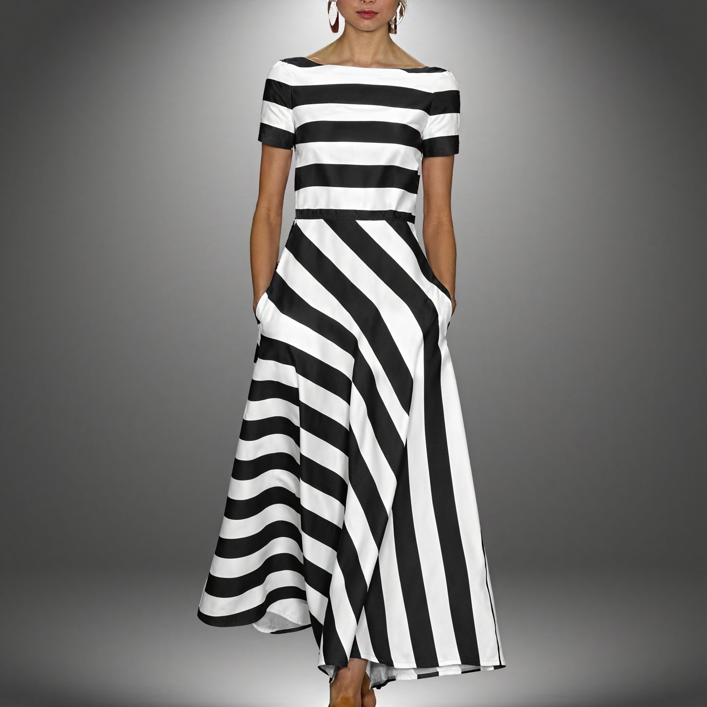Women's Striped A-Line Midi Dress – Boat Neck, Pockets, Smooth Fabric-83186-80698b92-9090-48fe-91f3-fc8bc152c889