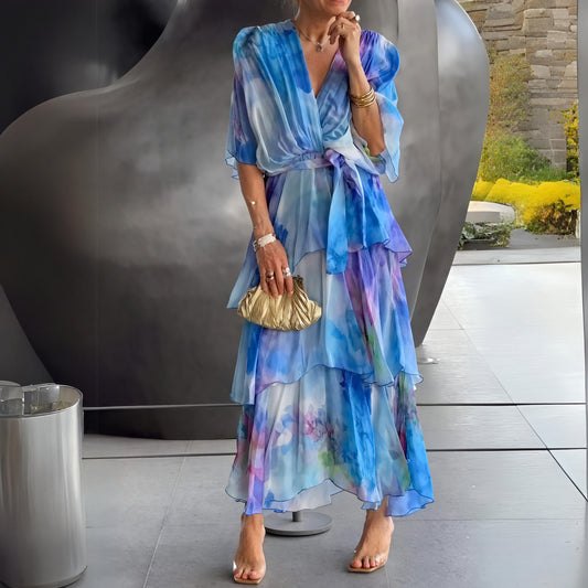 Women's Blue Chiffon Wrap Dress – Tiered Watercolor Print, Elegant Bohemian Style-83187-4fa6024d-4ee3-4305-9892-4b53e10a4cea