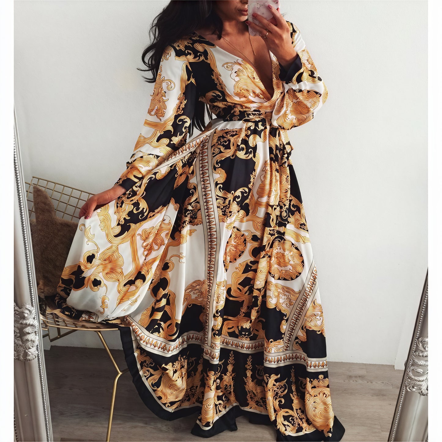 Women's Black Gold Ornate Print Wrap Maxi Dress – High Slit, Long Sleeve-83196-6d804dc6-466b-43f7-910a-5cf6a2623172