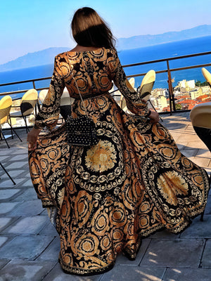 Women's Black Gold Ornate Print Wrap Maxi Dress – High Slit, Long Sleeve-83196-a4589ecd-d28c-4b3f-aba1-e8e0fb21c0f4
