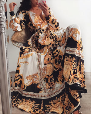 Women's Black Gold Ornate Print Wrap Maxi Dress – High Slit, Long Sleeve-83196-b3d47b27-1ce0-45e4-82ee-82c6cb021ed0