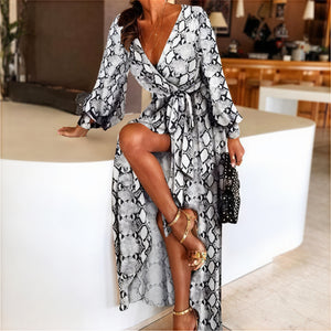 Women's Black Gold Ornate Print Wrap Maxi Dress – High Slit, Long Sleeve-83196-3f2f6807-7799-4b12-a5a1-41ad45c7e5c8