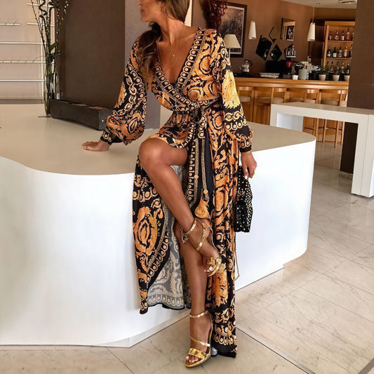 Women's Black Gold Ornate Print Wrap Maxi Dress – High Slit, Long Sleeve-83196-eb068513-7d03-4cf7-8ad5-148ded9a5f94