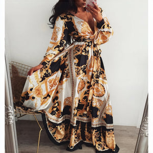 Women's Black Gold Ornate Print Wrap Maxi Dress – High Slit, Long Sleeve-83196-f2451aec-cc47-4927-af6d-62cbfaa8f5bd