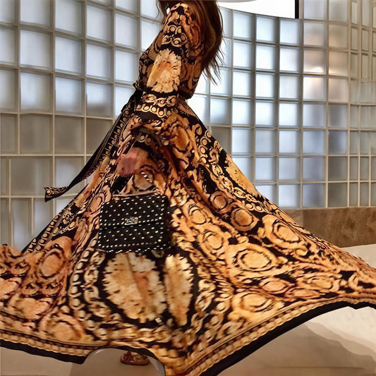 Women's Black Gold Ornate Print Wrap Maxi Dress – High Slit, Long Sleeve-83196-87c3d112-b02c-42cd-bd14-4654c3db5cff