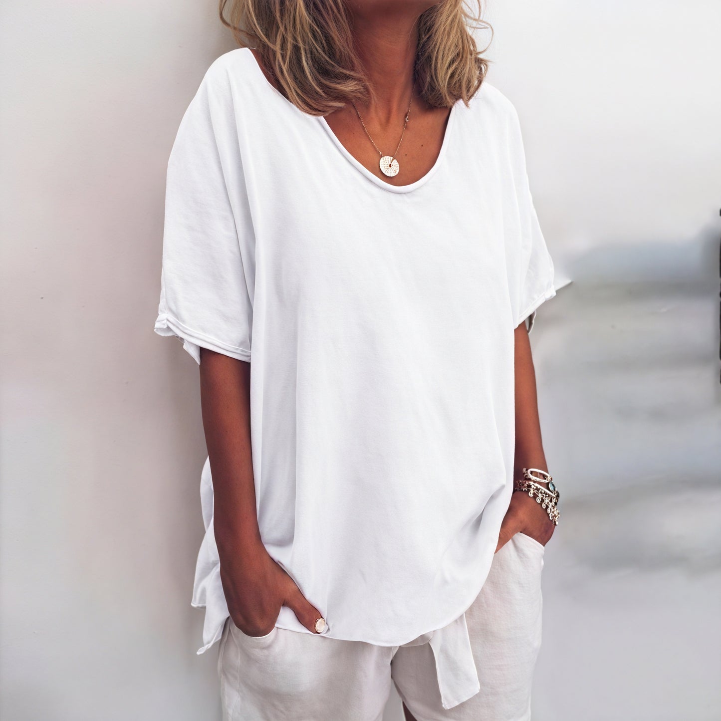 Women's Relaxed Fit Short Sleeve Top - Soft Drape, Asymmetrical Hem-83199-94abbed0-852b-446b-b62d-d8d04fd5ec58